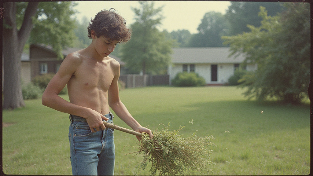 Teenager Doing Yard Work in 1980s Suburb