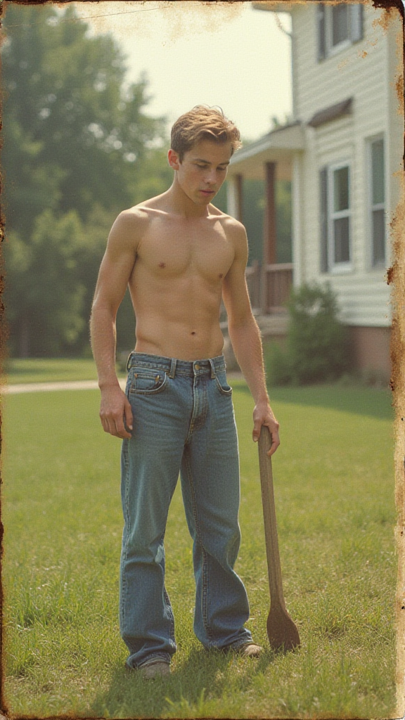 Teenager Doing Yard Work in 1980s Suburb