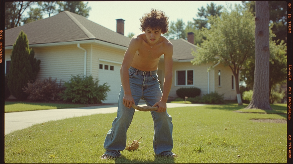 Teenager Doing Yard Work in 1980s Suburb