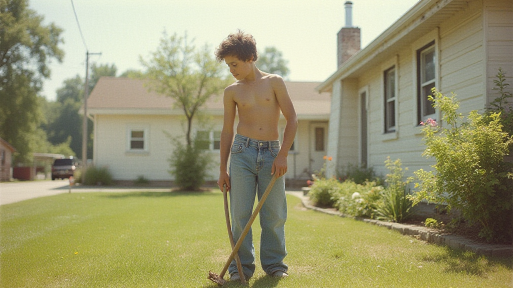 Teenager Doing Yard Work in 1980s Suburb