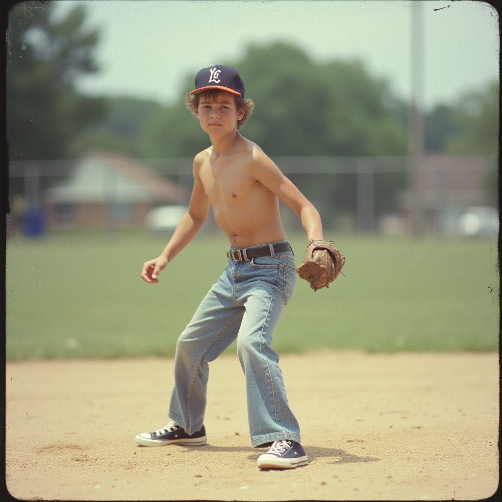 Teenager Playing Baseball in 1980s Suburb