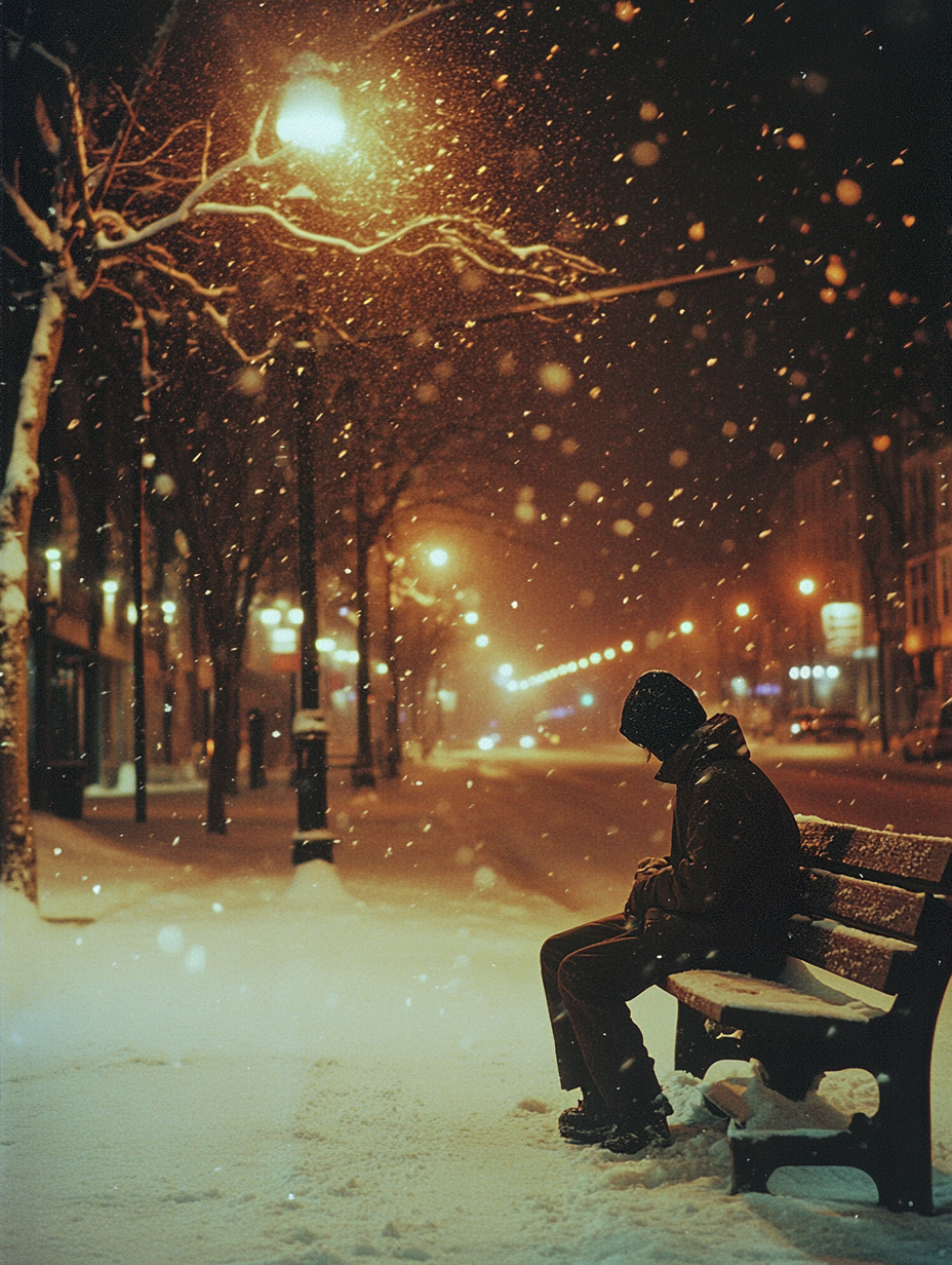 Teenager sitting on snowy bench at night, Montreal