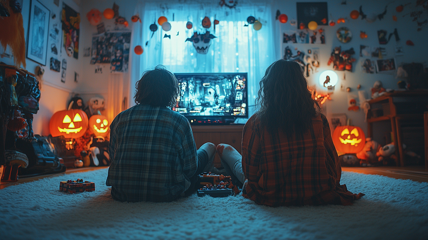 Teenagers playing spooky video games in dim bedroom