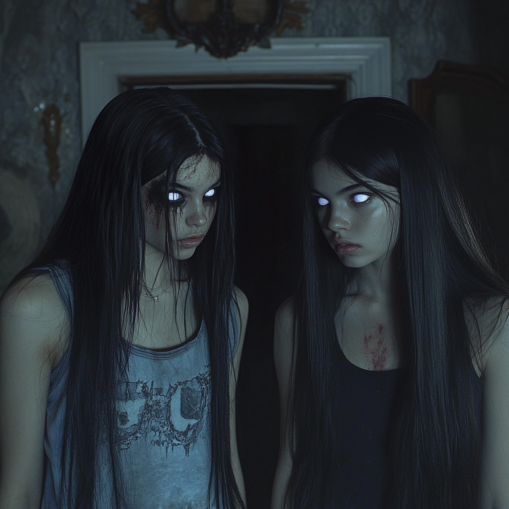 Teenagers with white eyes in haunted house stare