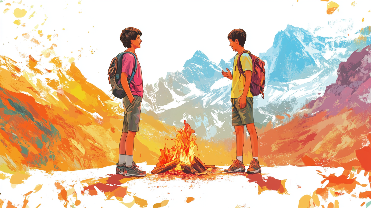 Teens by campfire chat with mountains behind, friendship