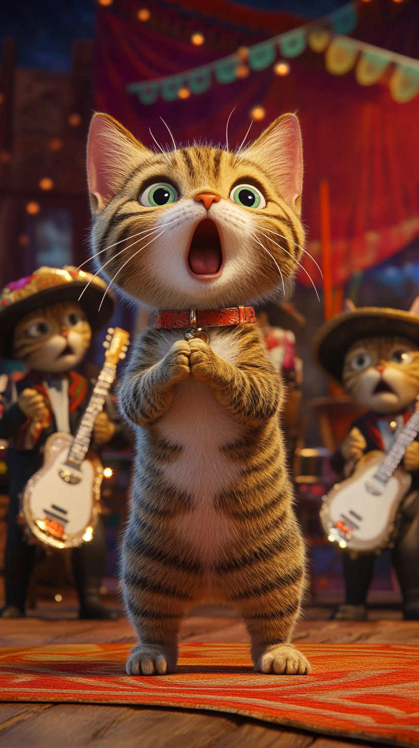 Teleporting tabby cat joins mariachi band on stage.