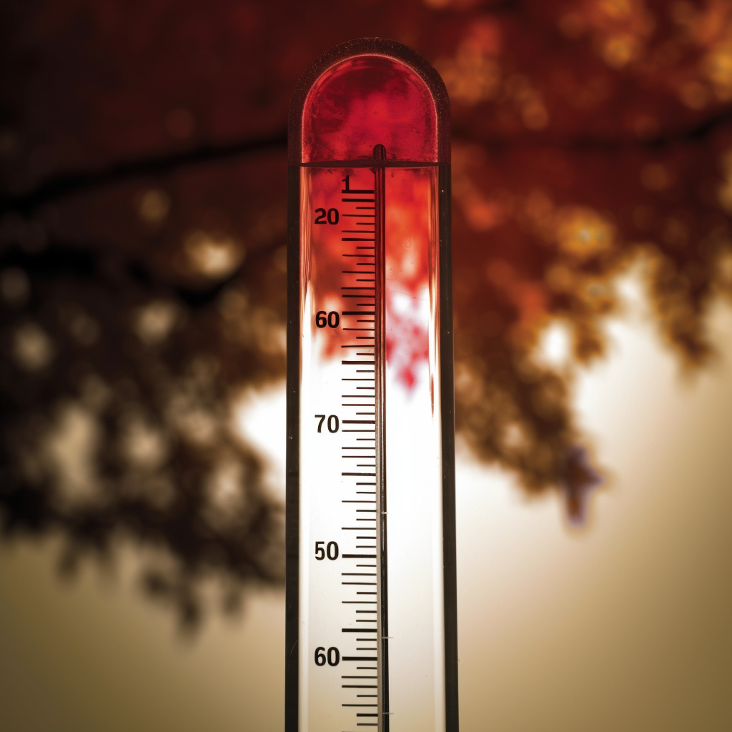 Temperature Displayed: Mercury Thermometer, Tree Silhouette Background