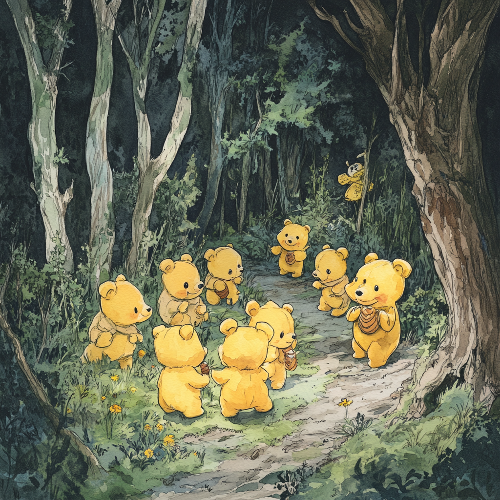 Ten teddy bears searching for honey in woods.