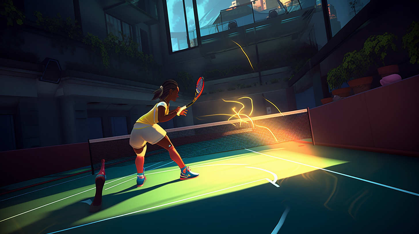 Tennis player moves swiftly in energetic, futuristic match