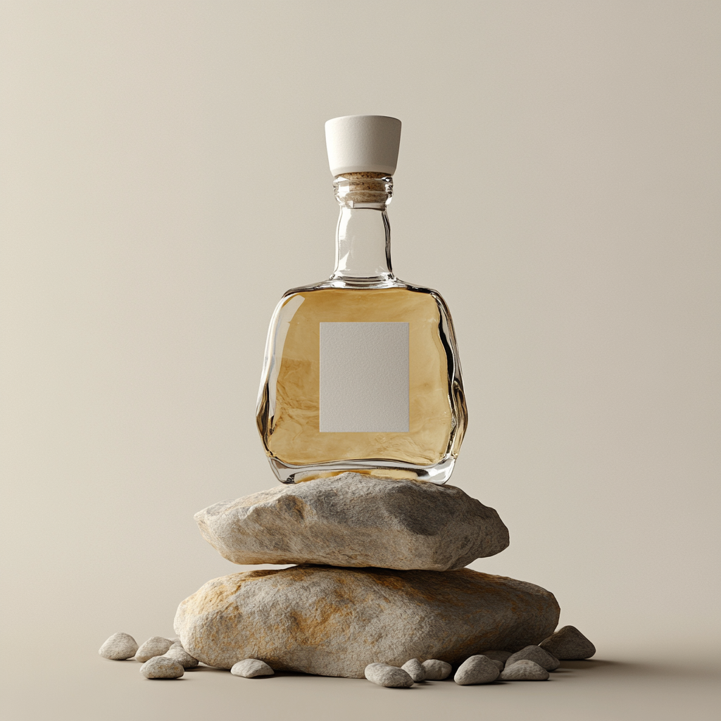 Tequila bottle on rocks with neutral backdrop