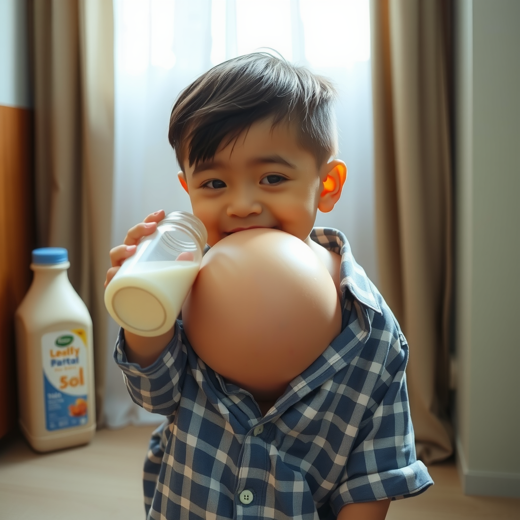 Thai Boy Drinking Weight Gain Milk in Pajamas