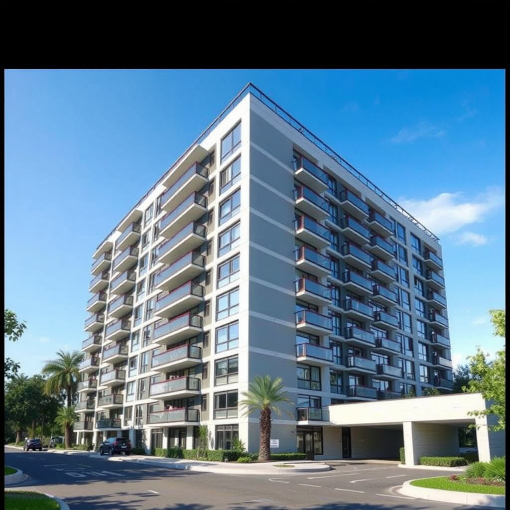 The 15-story apartment building with parking entrance.