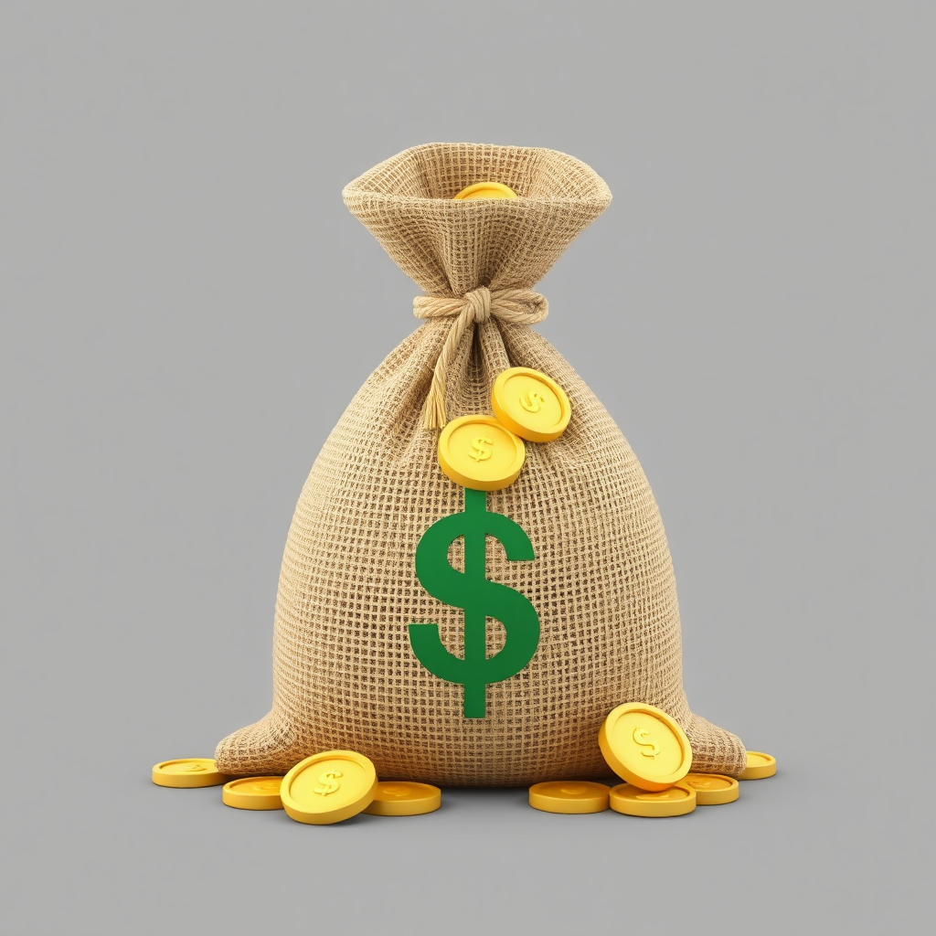 The 3D golden money bag symbolizes wealth.