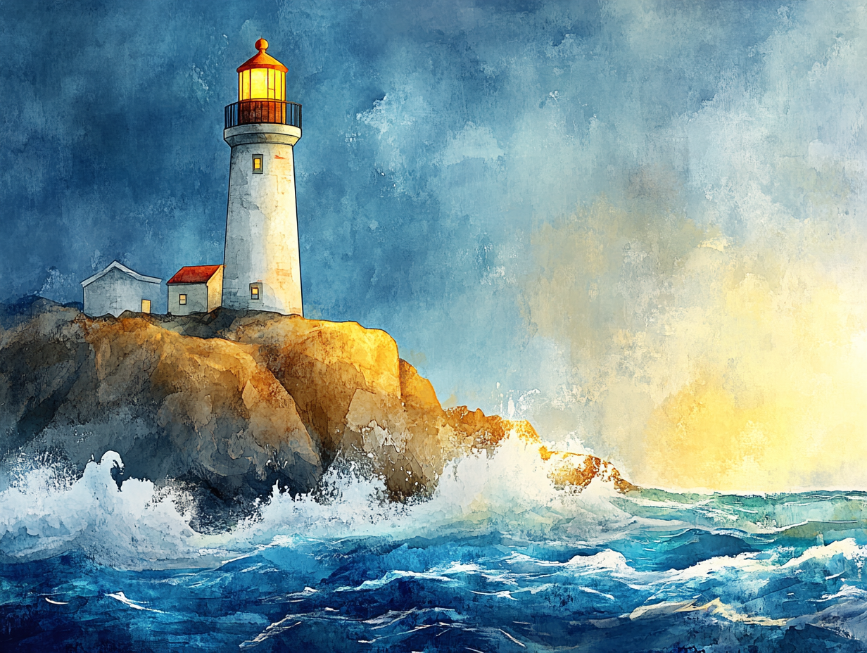 The Ancient Lighthouse on Cliff, Waves Crashing Strongly