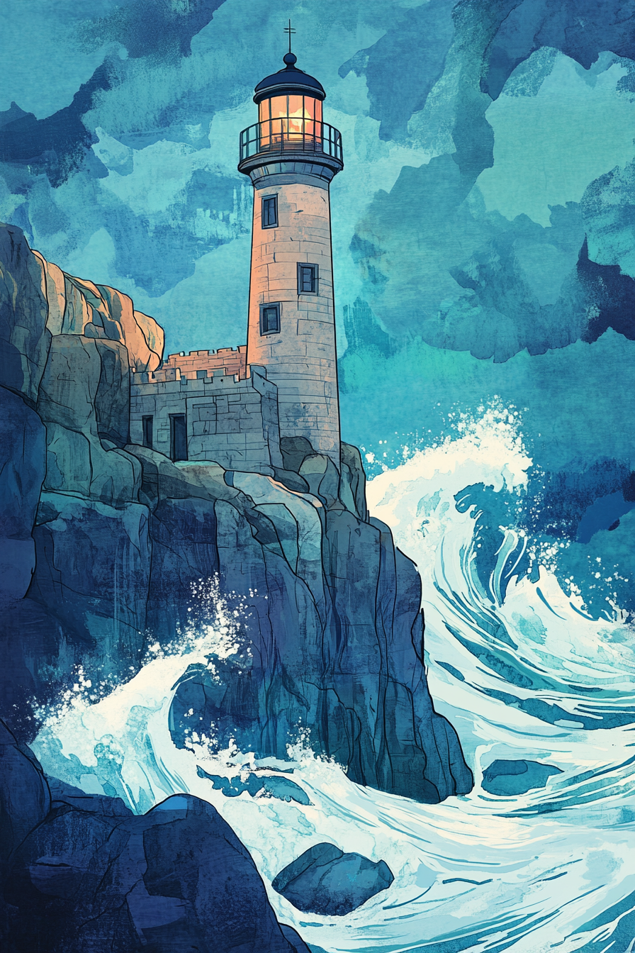 The Ancient Lighthouse on Cliff with Waves Crashing