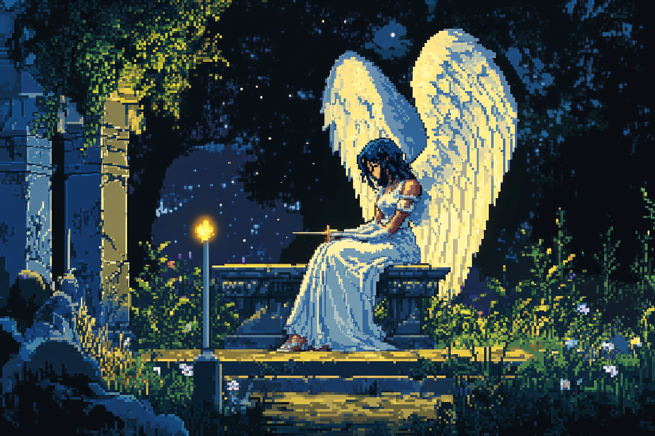 The Angelic Swordswoman in a Moonlit Garden