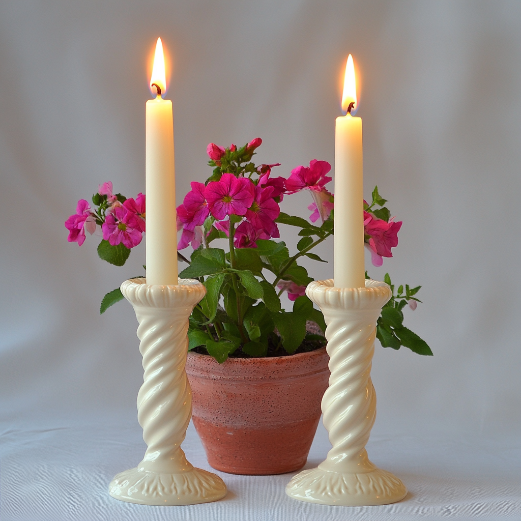 The Artistic Shabbat Candles and Pink Flowers