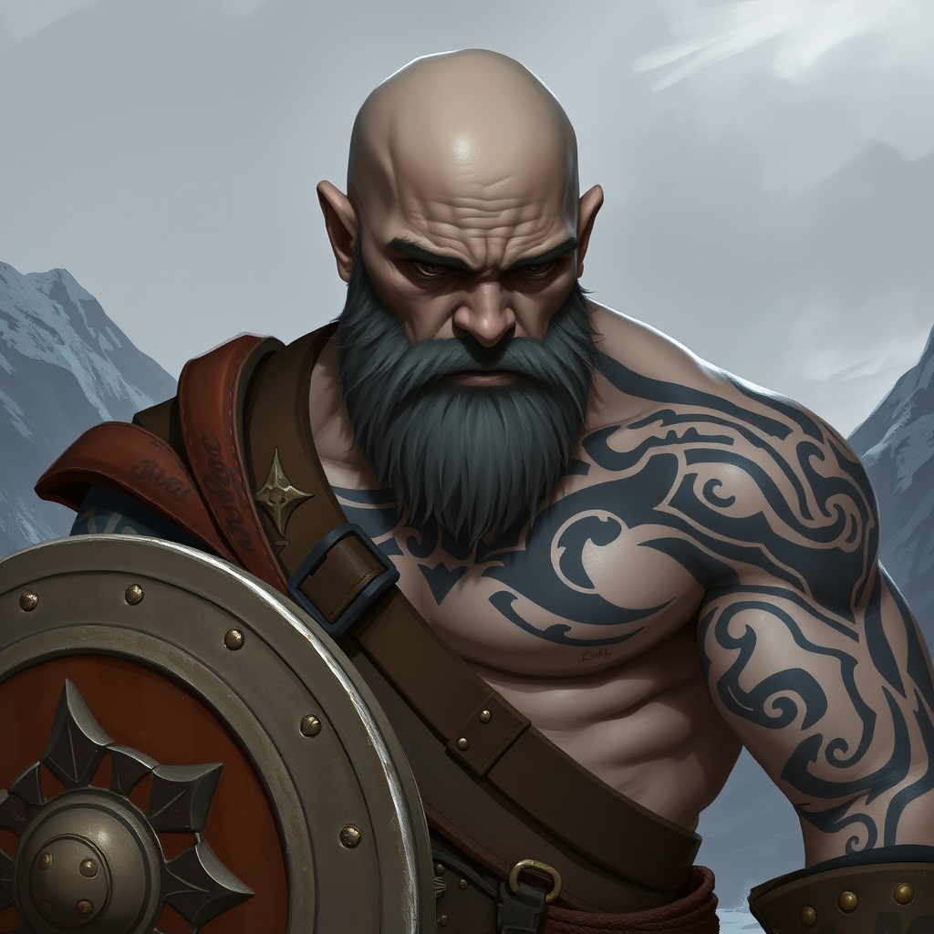 The Bald, Tattooed Young Barbarian in Mountains