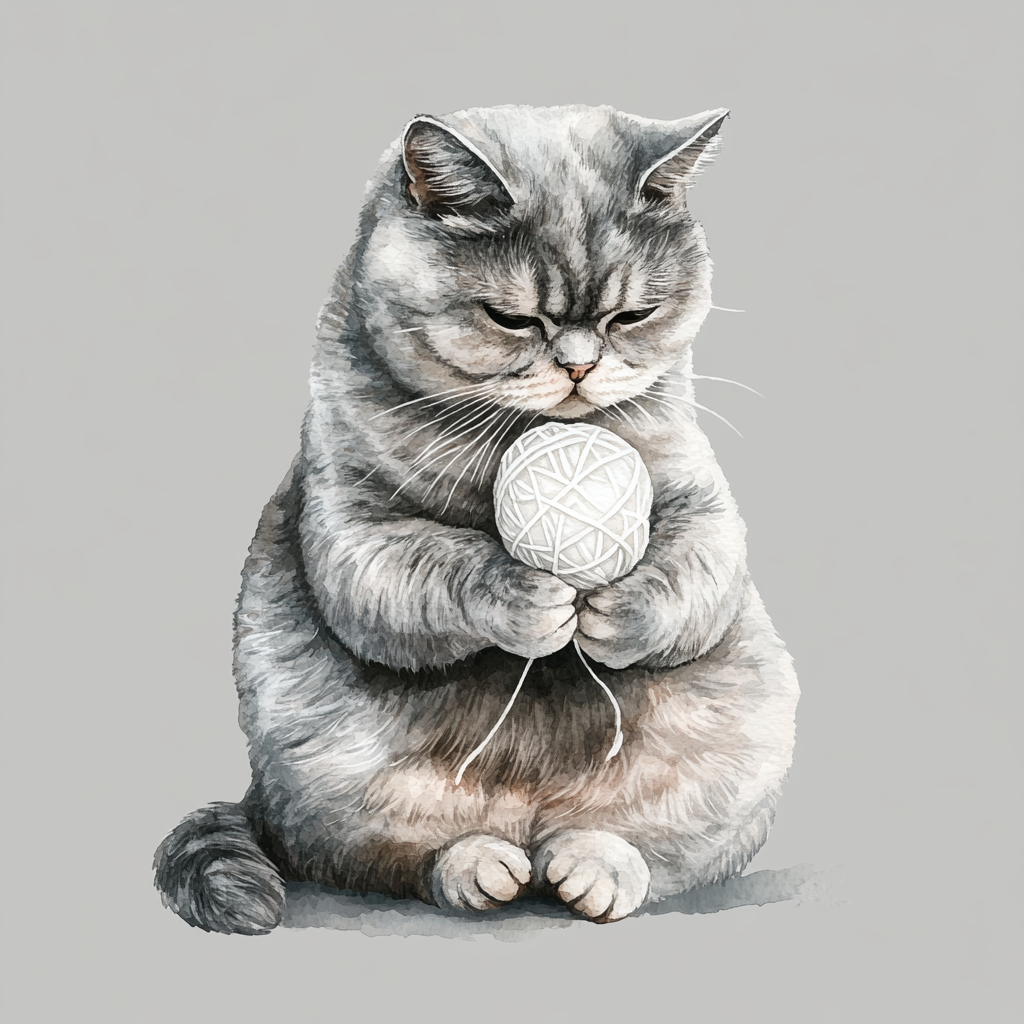 The Beautiful Gray British Cat Playing with Yarn