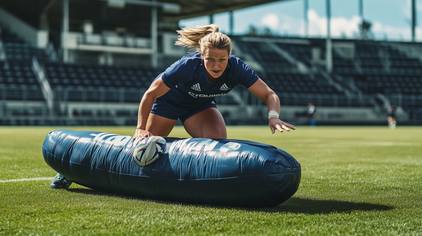 The Blonde Woman Tackling Inflatable Rugby Player