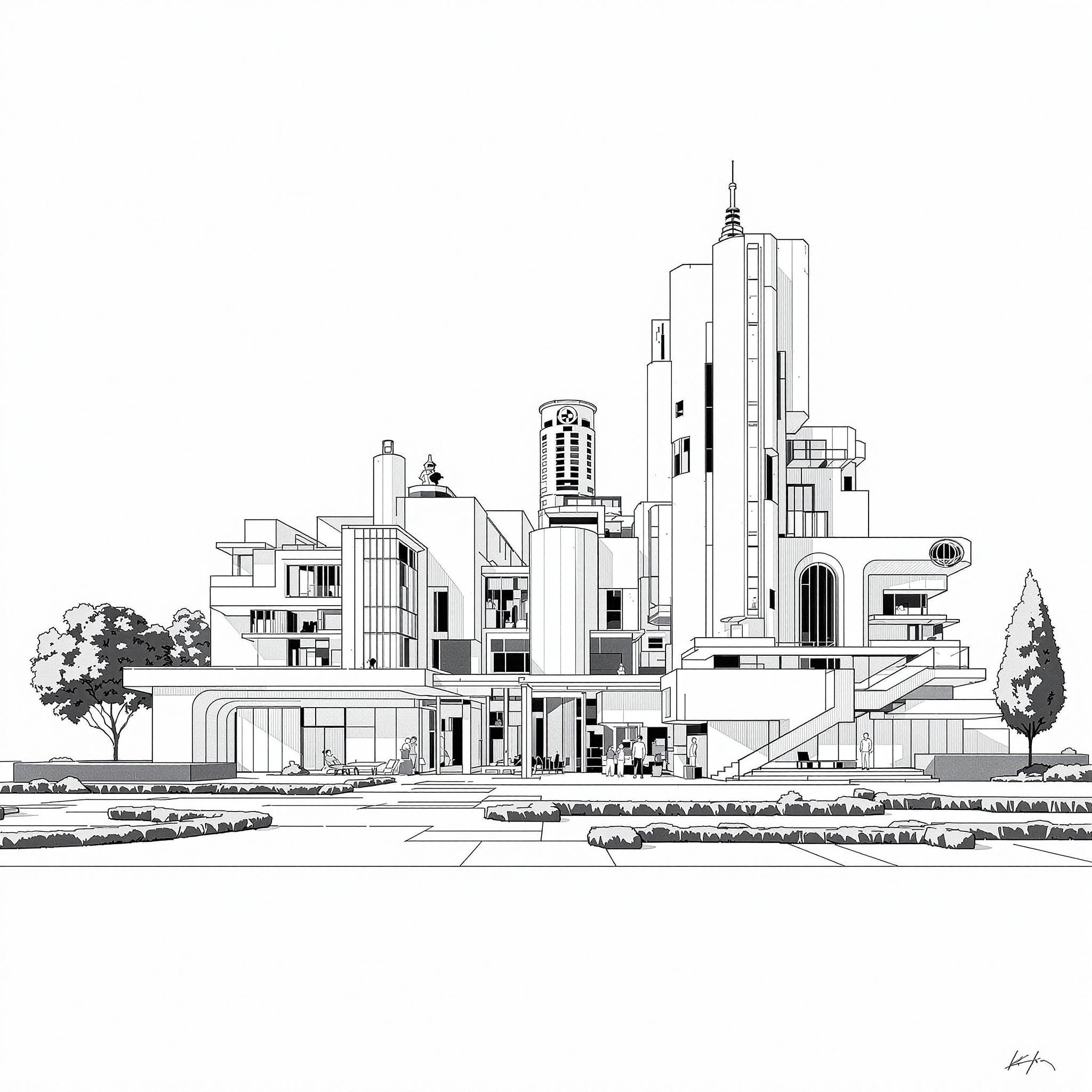 The Bold, Geometric Bauhaus Skyscraper Amidst Lush Gardens