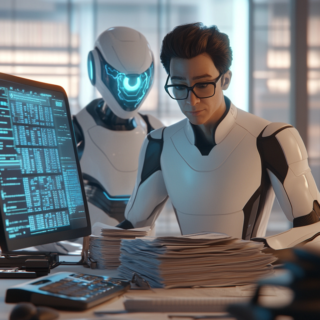 The Bookkeeper and Robot Assistant Analyzing Finances