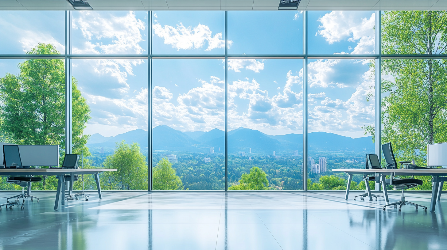 The Bright Glass Office with Beautiful Green View