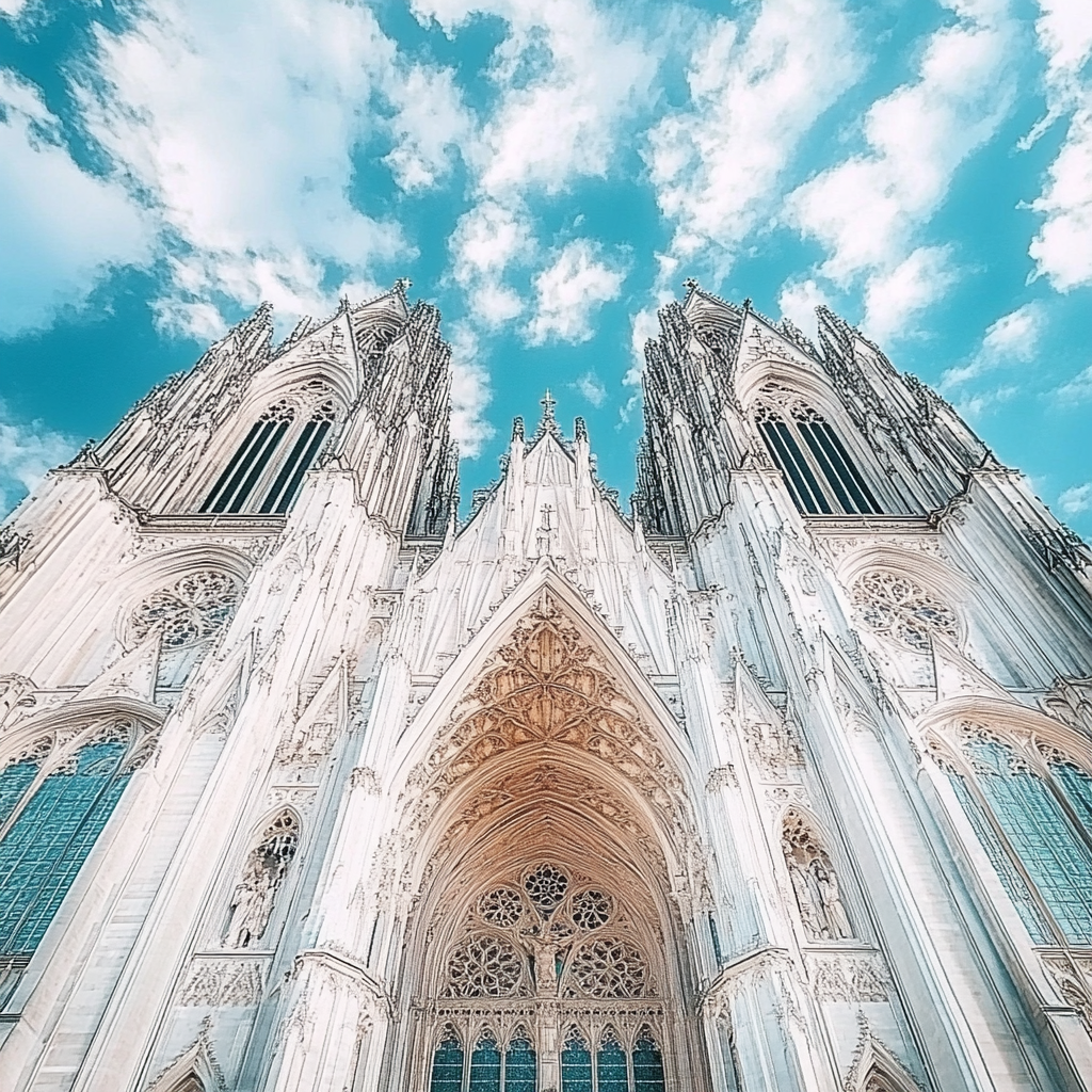 The Cologne Cathedral shines under bright blue sky.