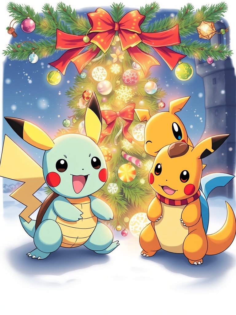 The Colorful Christmas Gathering of Pikachu, Squirtle, Charmander