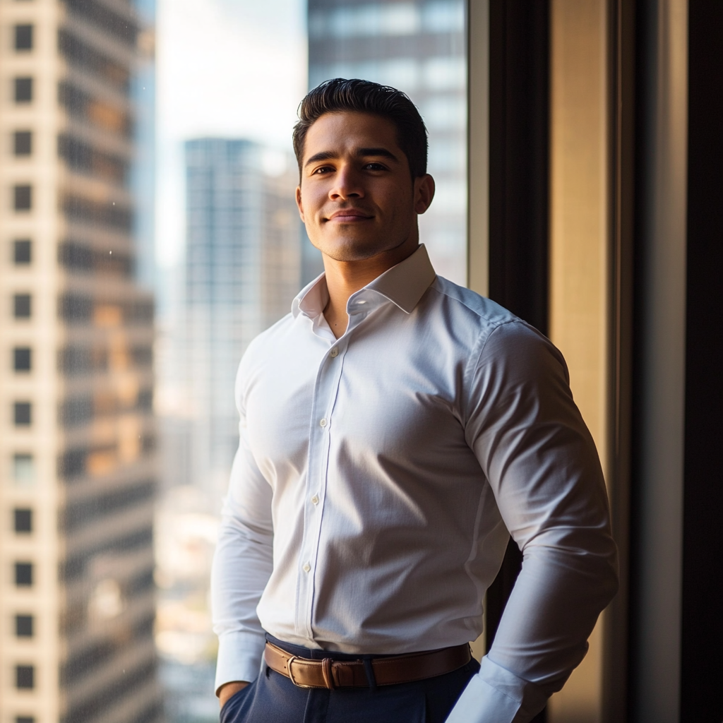 The Confident Latino Executive by the Sunlit Window