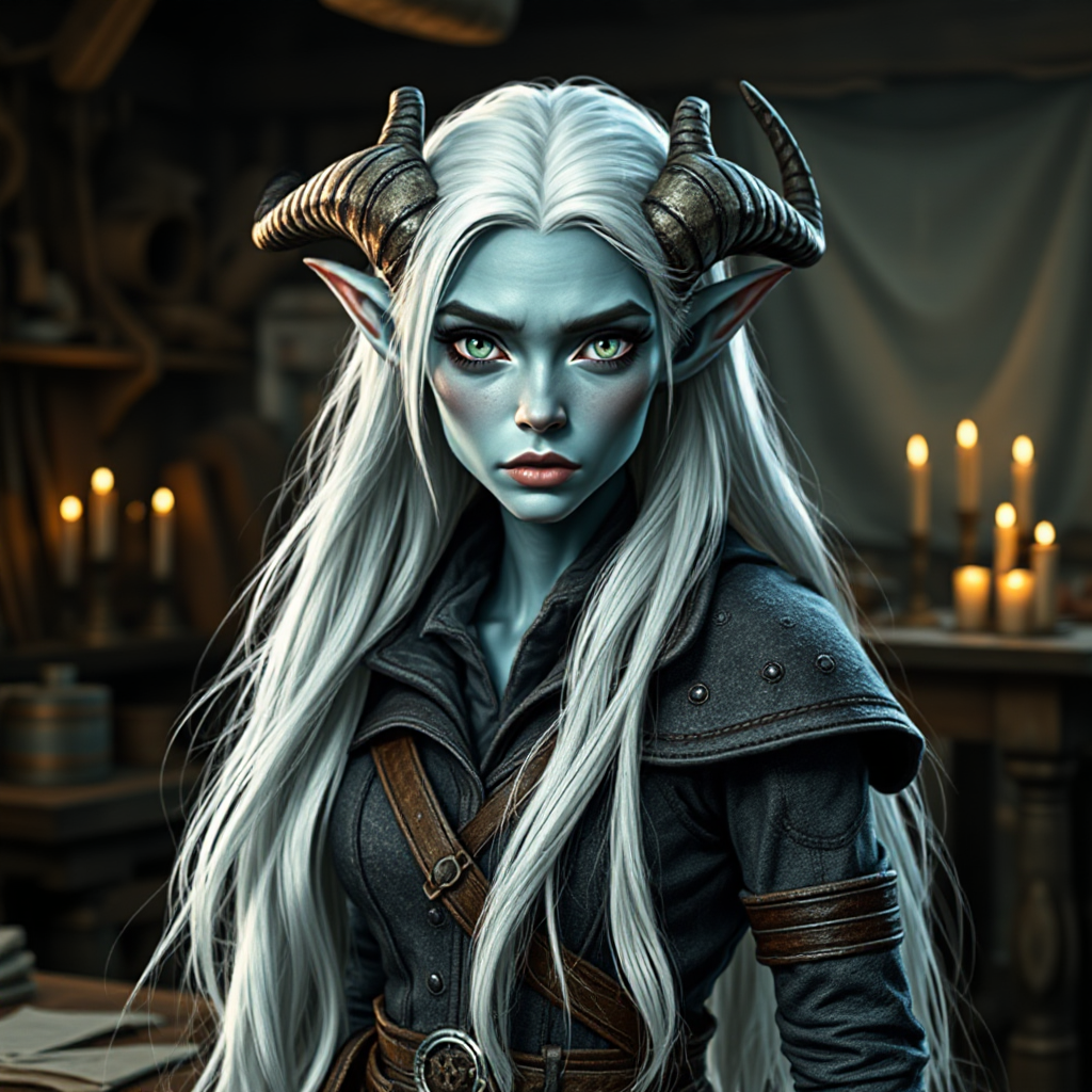 The Cool Female Tiefling in a Dim Workshop