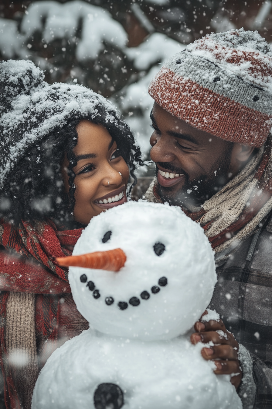 The Couple Building a Snowman in Their Yard