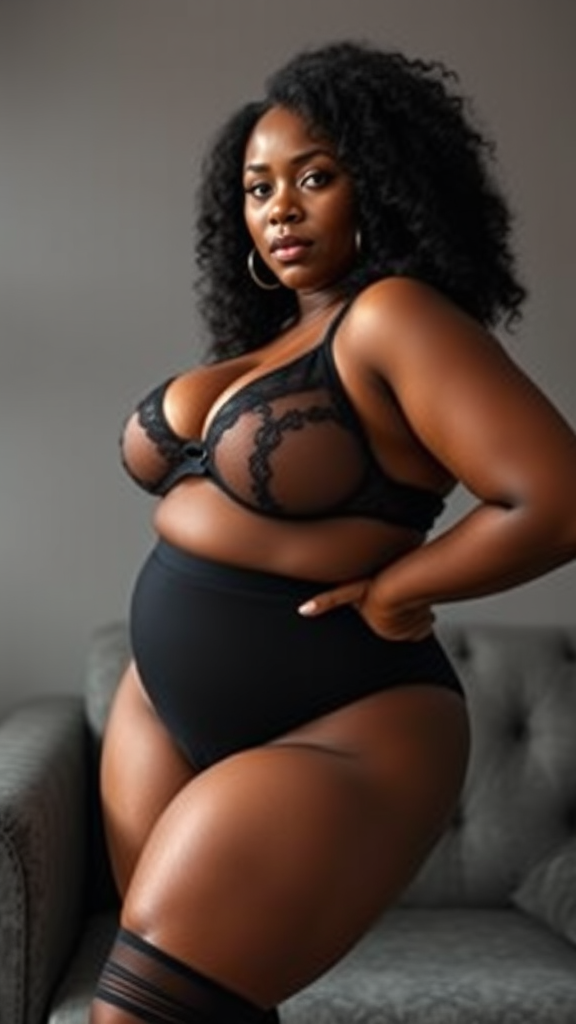 The Curvy African American Woman in Black Lingerie