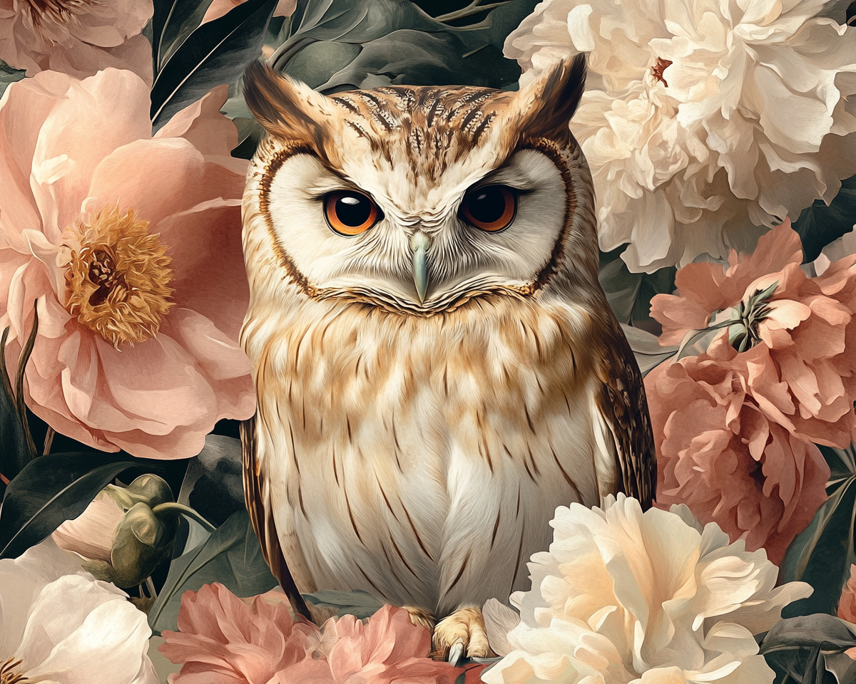 The Cute Owl Among Lush Flowers