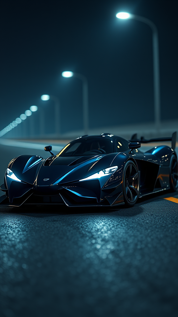 The Dark Blue Futuristic Super Race Car at Night