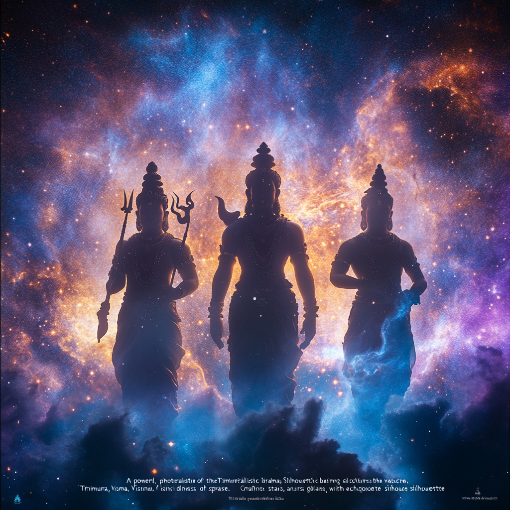 The Divine Trimurti Silhouettes in Cosmic Space