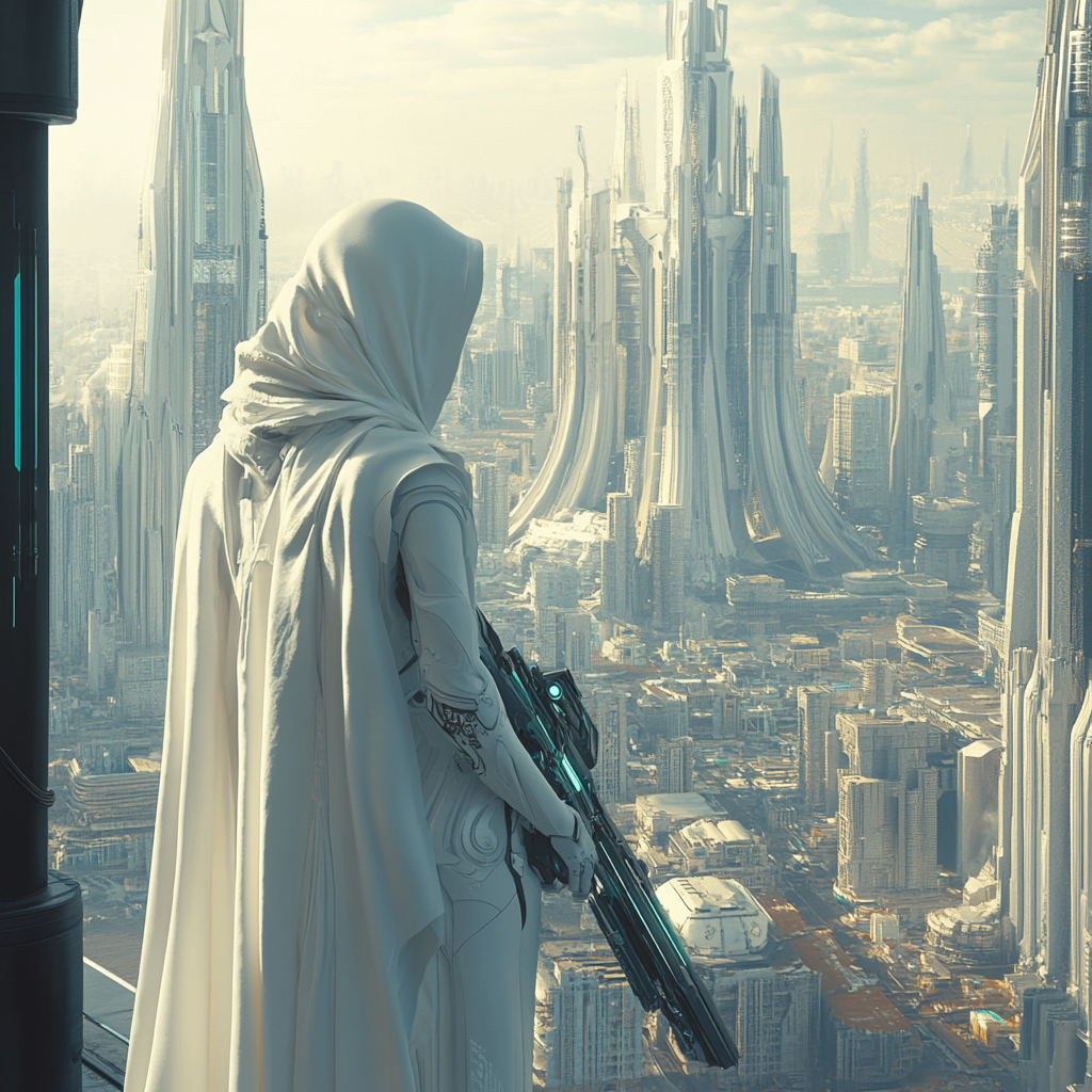 The Divine Warrior Overlooking Futuristic Cosmic City