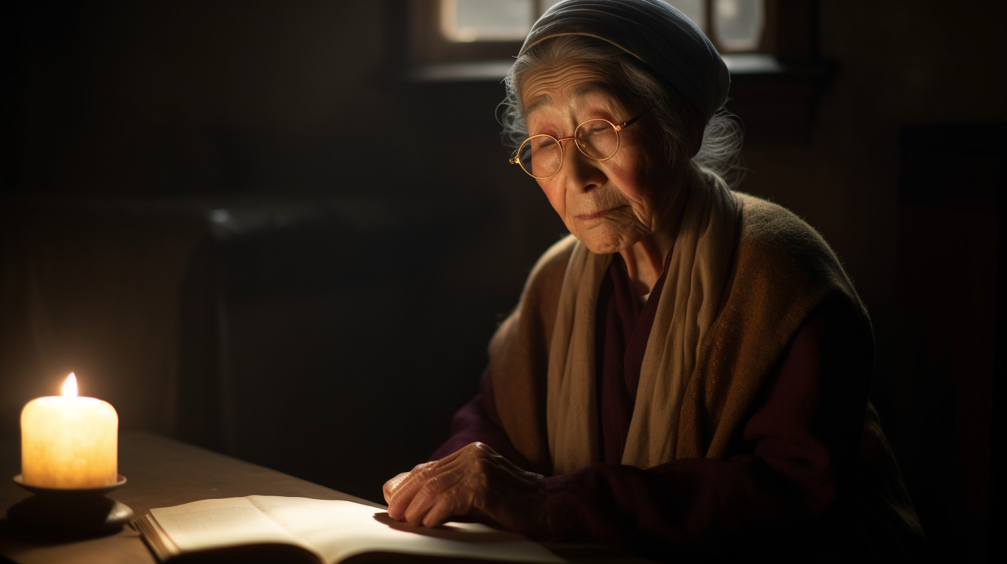 The Elderly Korean Woman Holding Bible By Candlelight