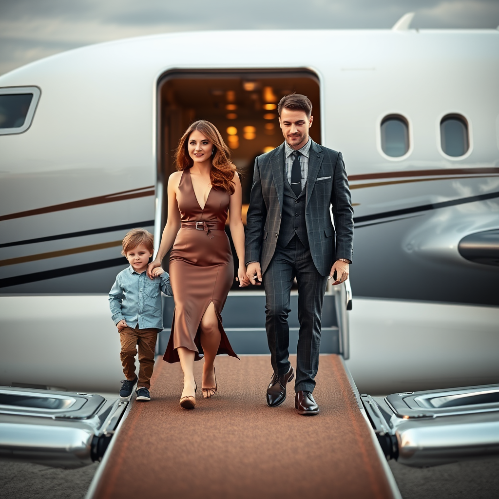 The Elegant Family Exiting a Private Jet