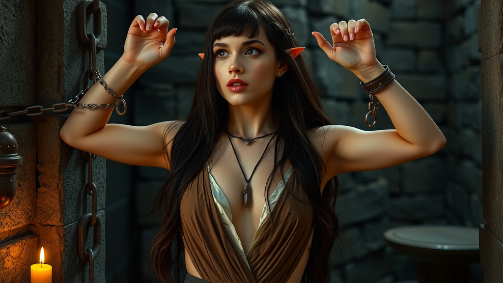 The Elf Princess Chained in a Candlelit Dungeon