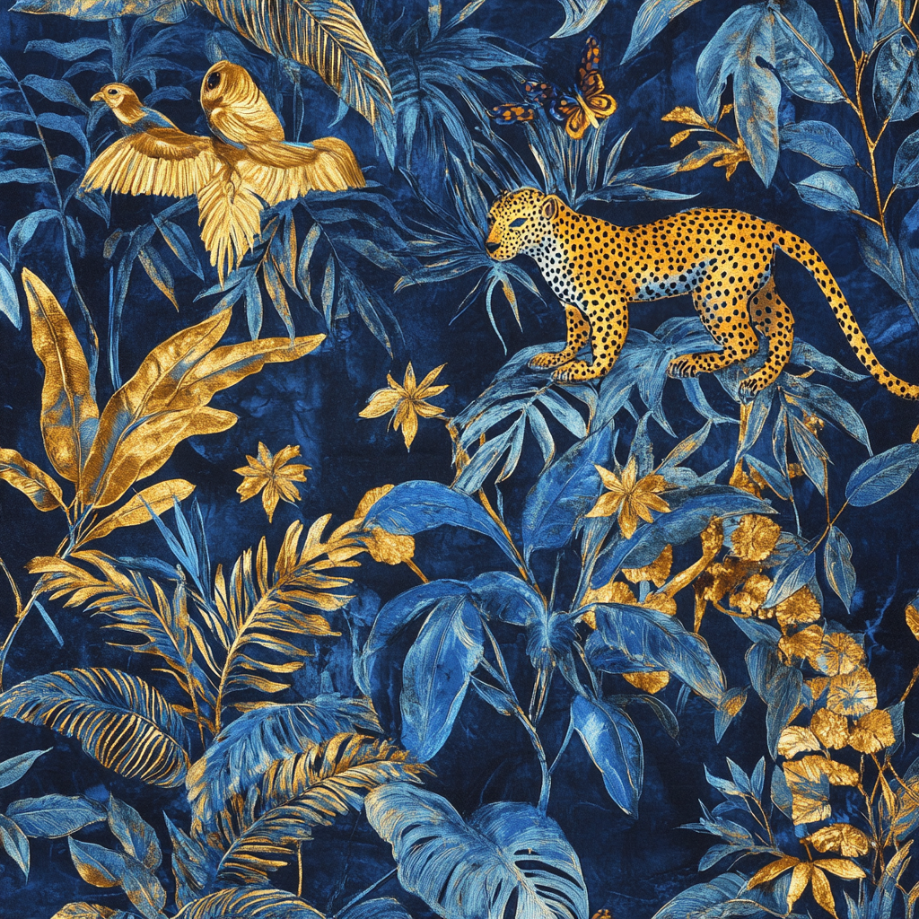 The Exotic Jungle with Gold-Blue Patterned Creatures