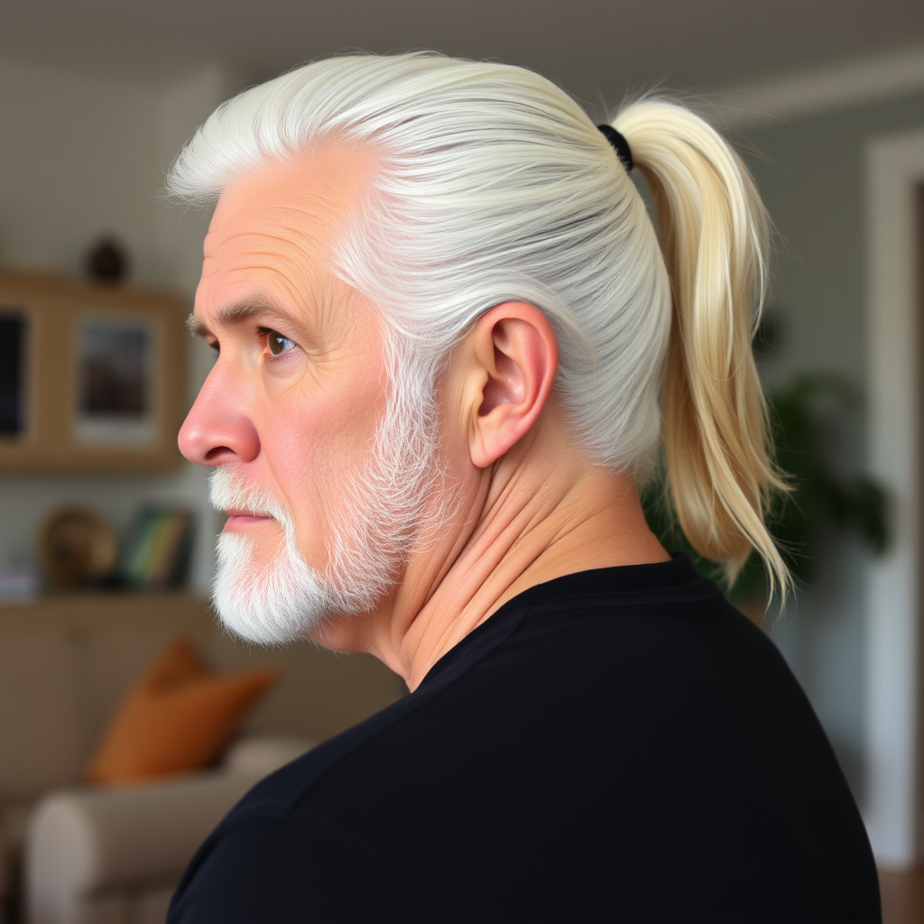 The Fatherly Man with White Ponytail in Living Room