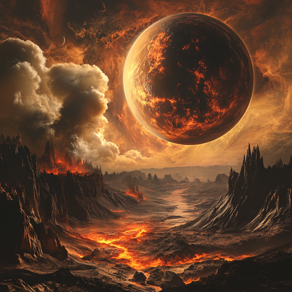 The Fiery Planet with Volcanoes and Thick Smoke