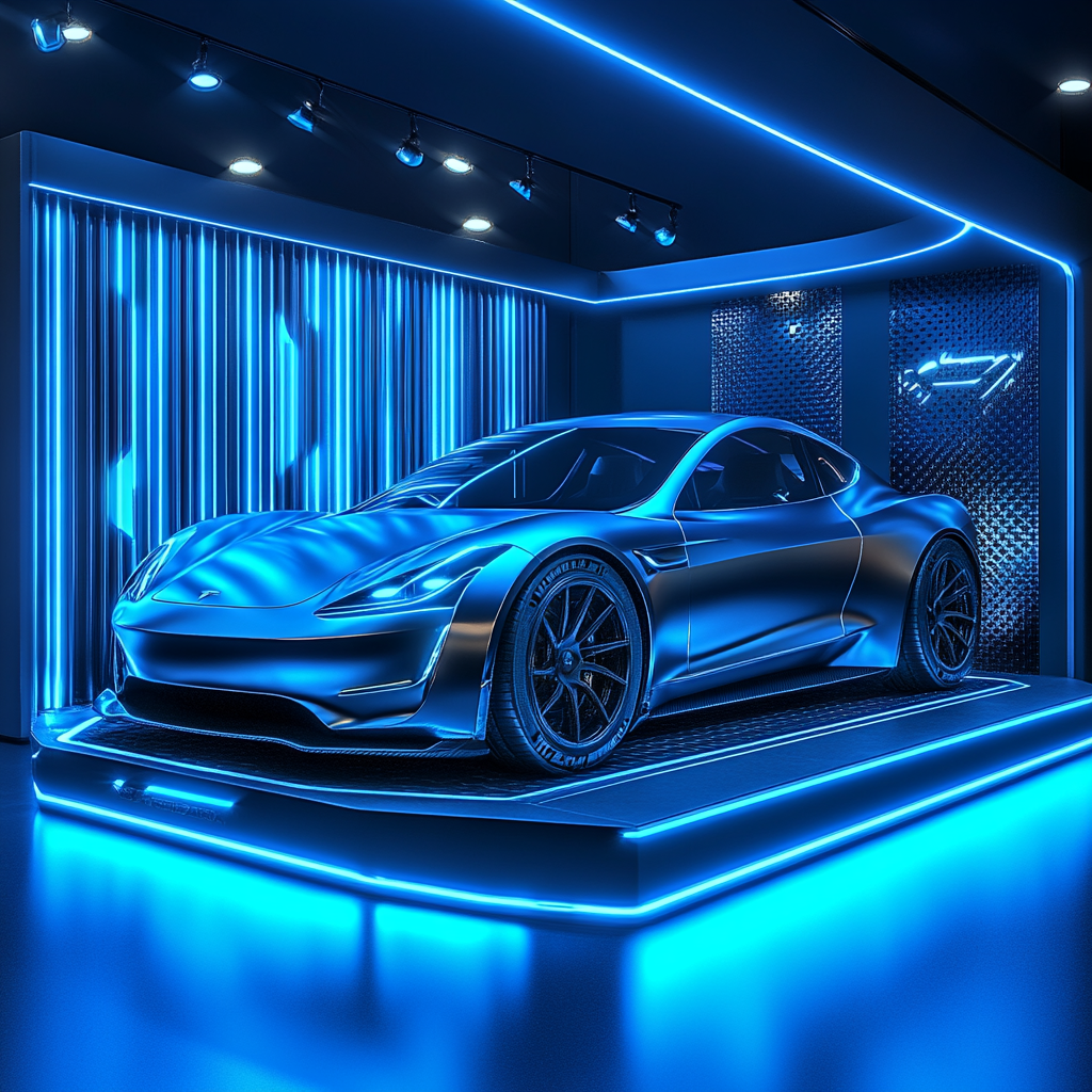 The Futuristic Blue Electric Car Display Booth