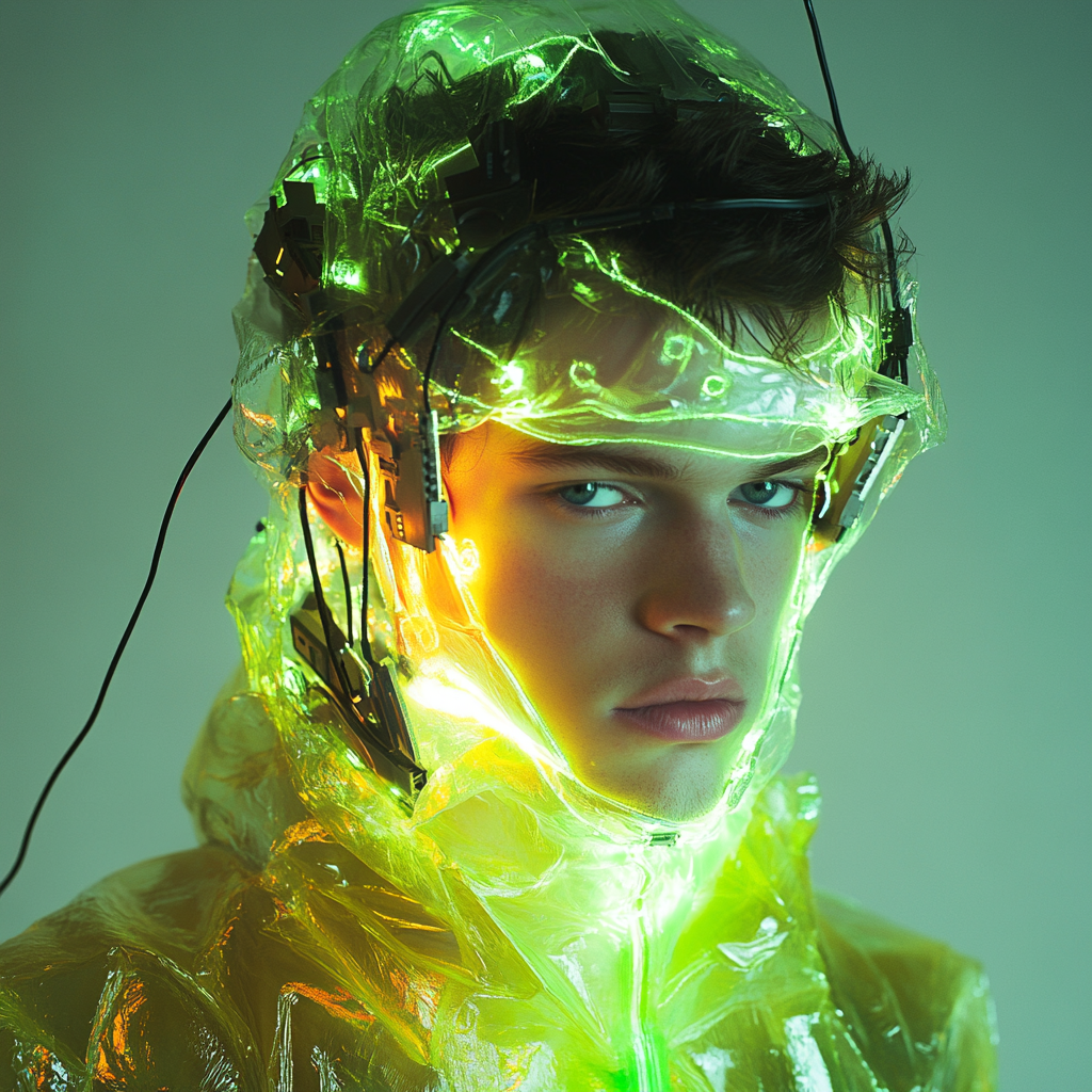 The Futuristic Man in Vibrant Fluo Liquid Outfit