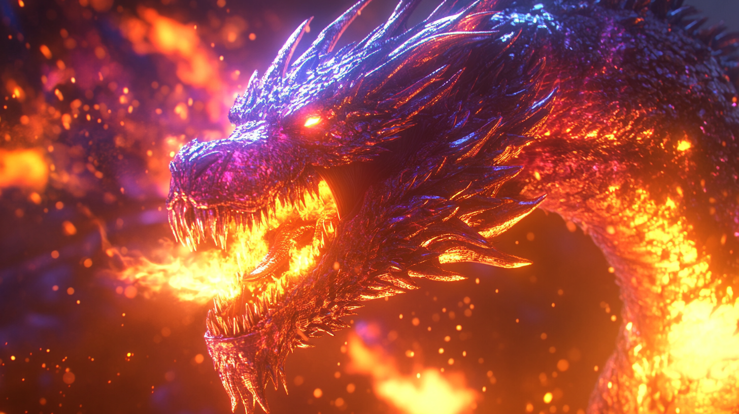 The Giant Dragon Breathing Flames in Fiery Light