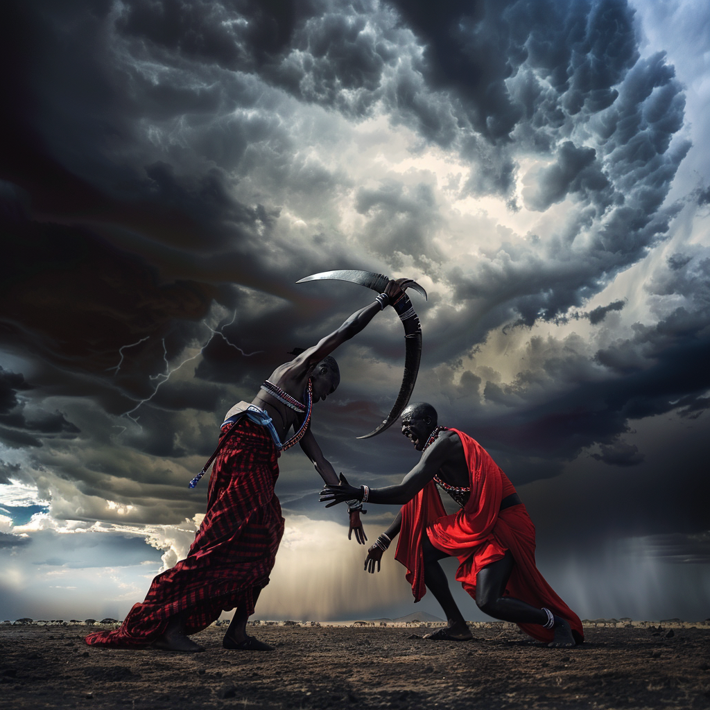 The Giant Masai Warriors Wrestling Under Stormy Sky