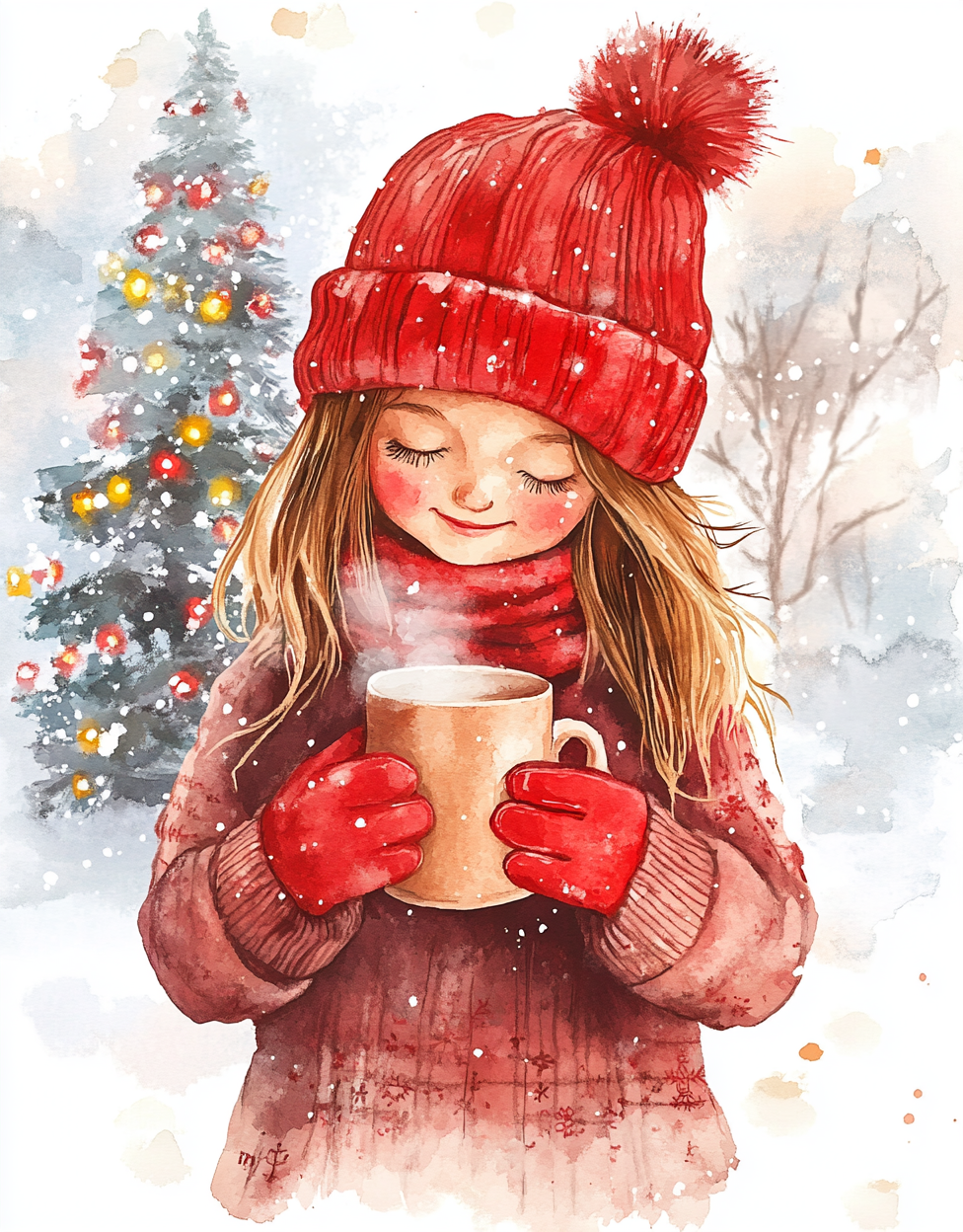 The Girl with Red Hat and Christmas Mug