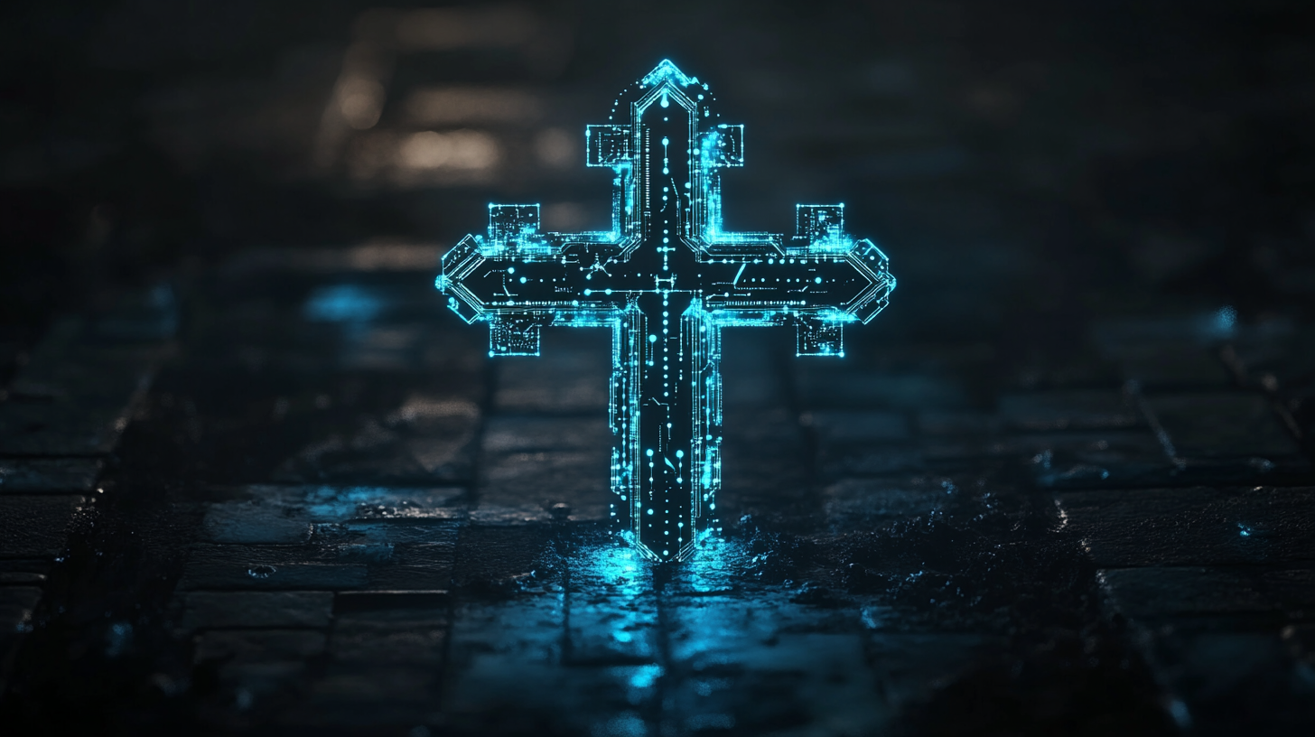 The Glowing Byzantine Cross with Blue Circuit Design