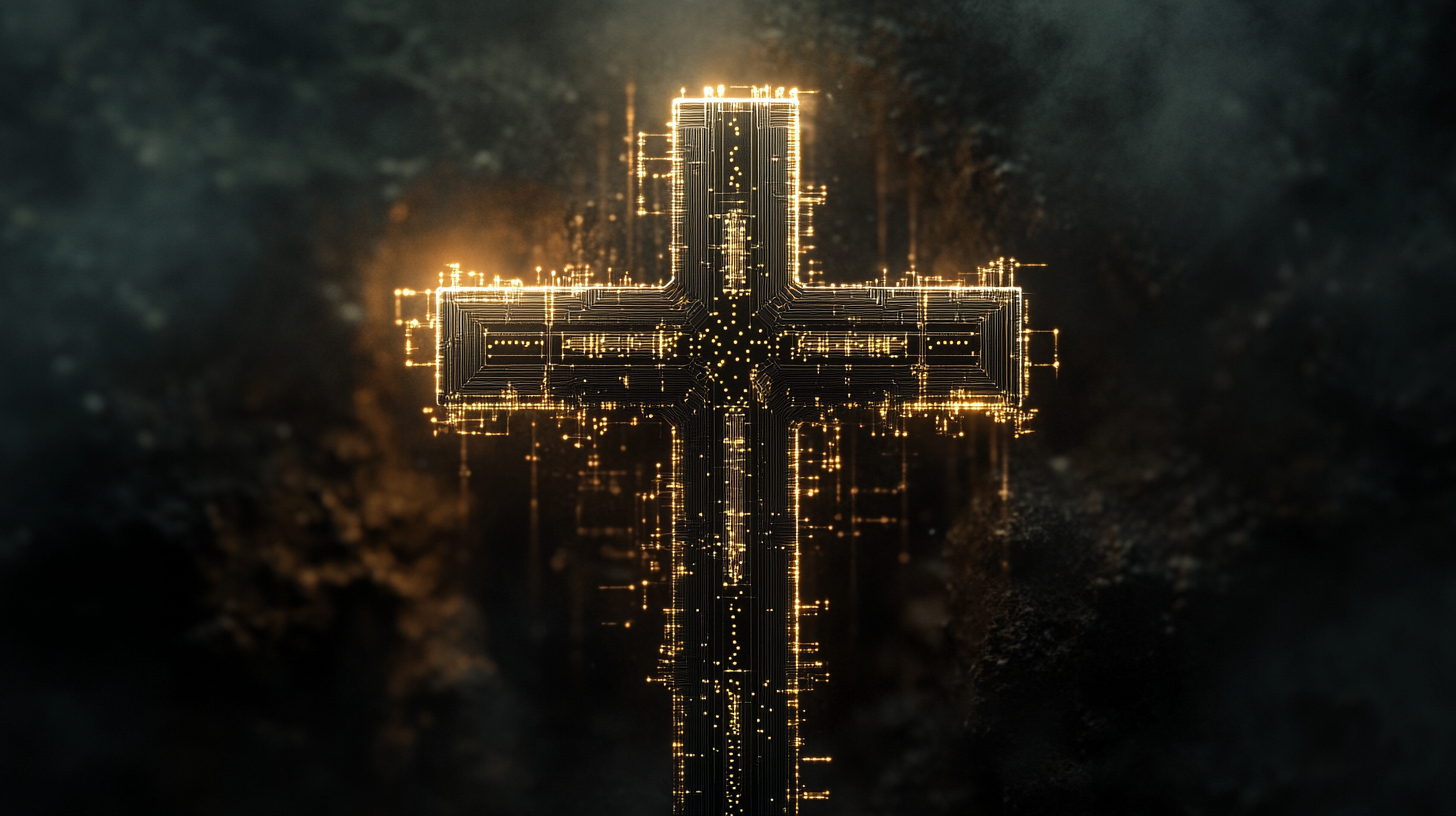 The Glowing Circuit Cross Represents Divine Connection